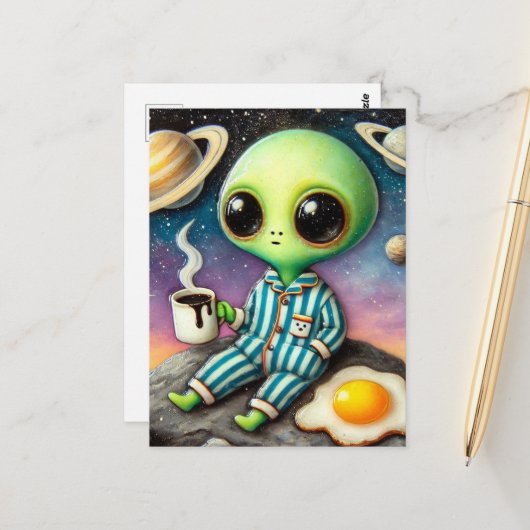 Alien-Kaffee mit Ei Postkarte (Vorderseite/Rückseite Beispiel)