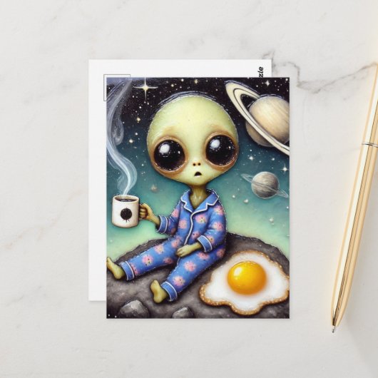 Alien Kaffee mit Ei und Kaffee Postkarte (Vorderseite/Rückseite Beispiel)