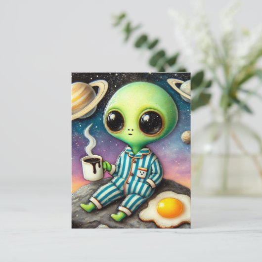 Alien Kaffee mit Eiern Postkarte (Stehend Vorderseite)