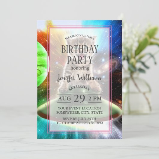 Alien-Katze in der Untertasse Einladung (Stehend Vorderseite)