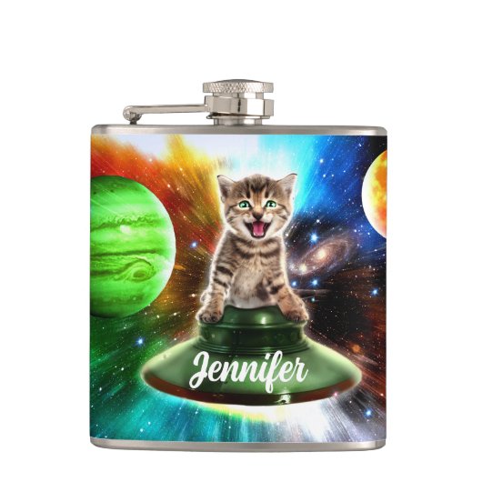 Alien-Katze in der Untertasse Flachmann (Vorderseite)
