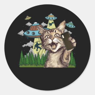 Alien Katzen-Selfie Lustig Vintage-Ufo Sci-Fi Wiss Runder Aufkleber