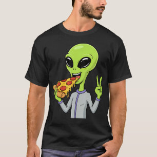 Alien Kopf isst Pizza Ufo Außerirdischer T-Shirt