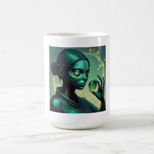 Alien Lady hält ein transparentes Glasobjekt Kaffeetasse