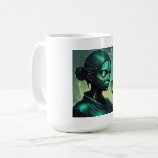 Alien Lady hält ein transparentes Glasobjekt Kaffeetasse (Vorderseite Links)