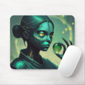 Alien Lady hält ein transparentes Glasobjekt Mousepad (Mit Mouse)