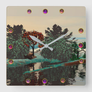 ALIEN LANDSCAPE, BÄUME, LAGUNE HYPERION Sci Fi Quadratische Wanduhr
