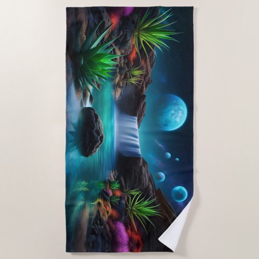 Alien Landscape Wasserfall Moons Strandtuch (Vorderseite)