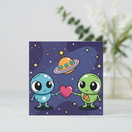Alien Liebe Buddies Einladung (Stehend Vorderseite)