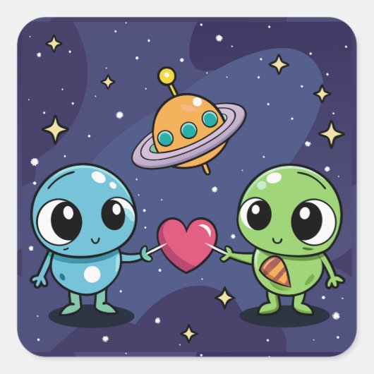 Alien Liebe Buddies Quadratischer Aufkleber (Vorderseite)