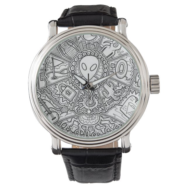 Alien Mandala Black und White Armbanduhr (Vorderseite)