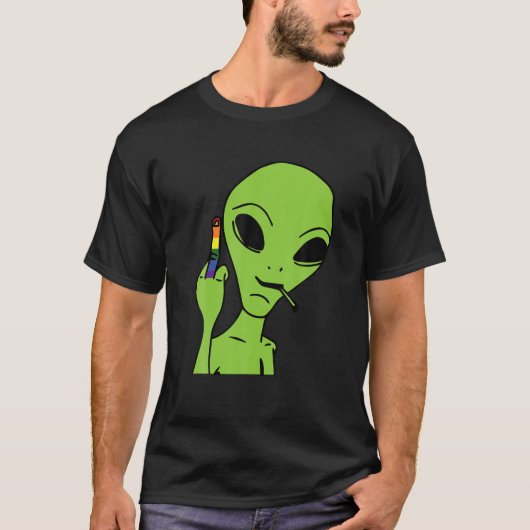 Alien Middle Finger Gay Pride LGBQ Stolz Alleinreg T-Shirt (Vorderseite)