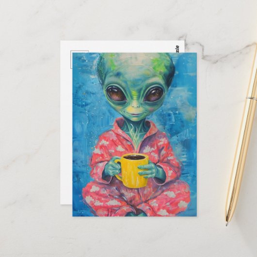 Alien mit einer Tasse Kaffee Postkarte (Vorderseite/Rückseite Beispiel)