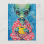 Alien mit einer Tasse Kaffee Postkarte (Vorderseite)