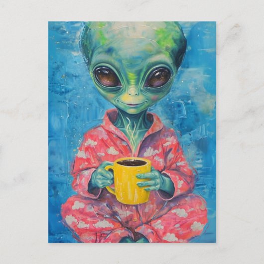 Alien mit einer Tasse Kaffee Postkarte (Vorderseite)