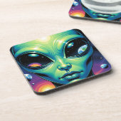 Alien mit Planeten-Reflektionen in den Augen Getränkeuntersetzer (Linke Seite)