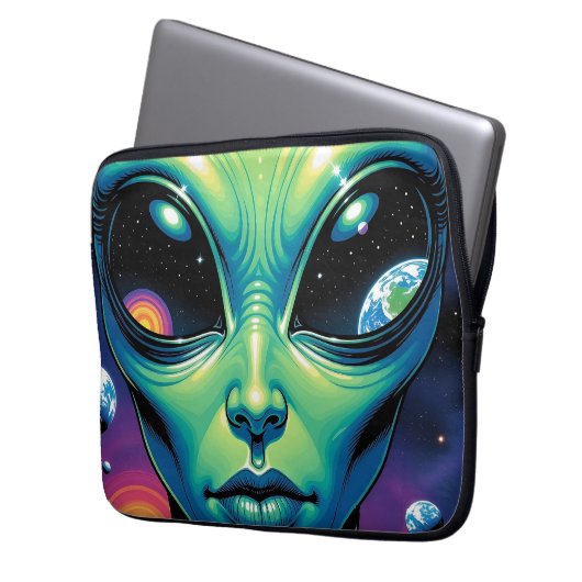 Alien mit Planeten-Reflektionen in den Augen Laptopschutzhülle (Vorderseite Links)