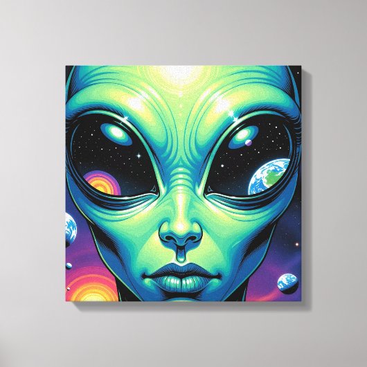 Alien mit Planeten-Reflektionen in den Augen Leinwanddruck (Vorderseite)