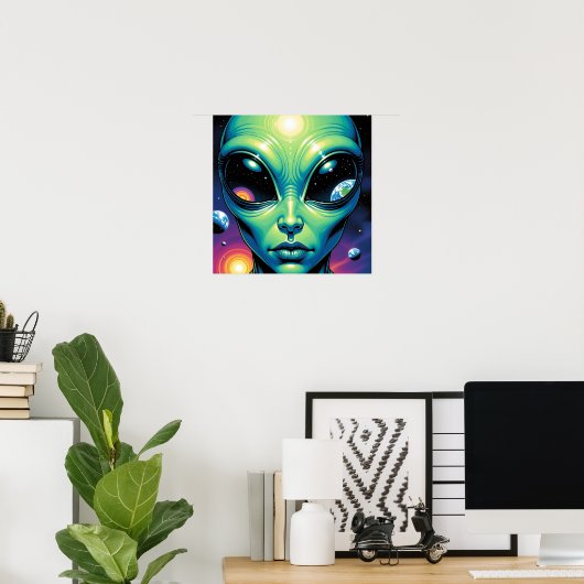 Alien mit Planeten-Reflektionen in den Augen Poster (Heimbüro)