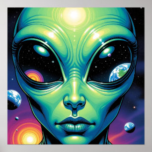Alien mit Planeten-Reflektionen in den Augen Poster