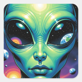 Alien mit Planeten-Reflektionen in den Augen Quadratischer Aufkleber