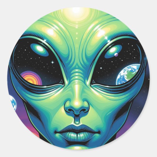 Alien mit Planeten-Reflektionen in den Augen Runder Aufkleber (Vorderseite)