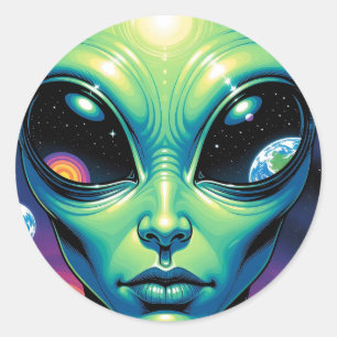 Alien mit Planeten-Reflektionen in den Augen Runder Aufkleber