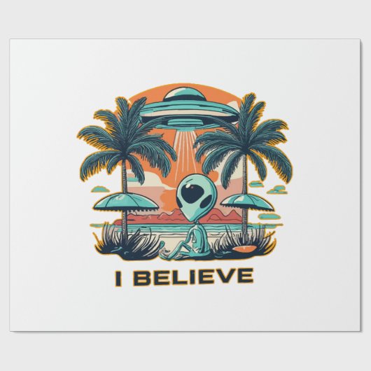 Alien mit UFO I BELIEVE Geschenkpapier (Flach)
