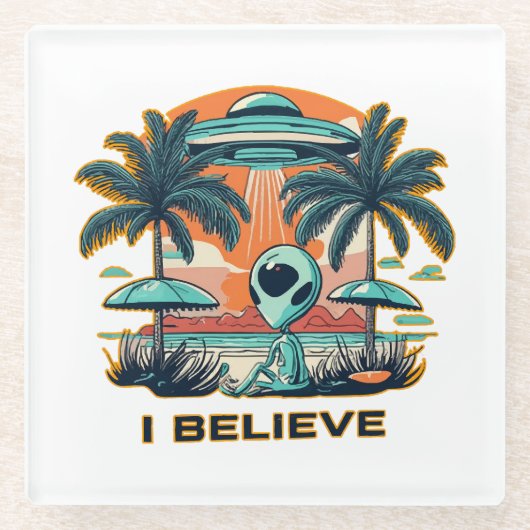 Alien mit UFO I BELIEVE Glasuntersetzer (Vorderseite)