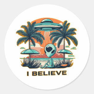 Alien mit UFO I BELIEVE Runder Aufkleber