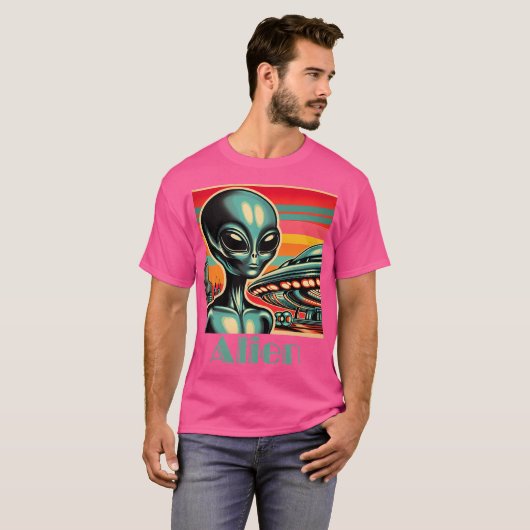 Alien mit Ufo Retro-Style T-Shirt (Vorne ganz)