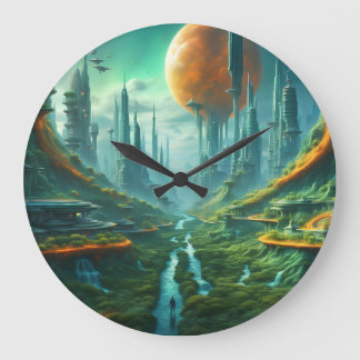 Alien Nature & Futuristic City Surreal Sci-Fi Kuns Große Wanduhr
