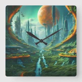 Alien Nature & Futuristic City Surreal Sci-Fi Kuns Quadratische Wanduhr