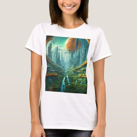 Alien Nature & Futuristic City Surreal Sci-Fi Kuns T-Shirt (Vorderseite)