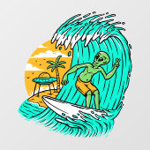 Alien Peace Sign Surfing UFO Parkplatz am Strand Fensteraufkleber (Blatt)