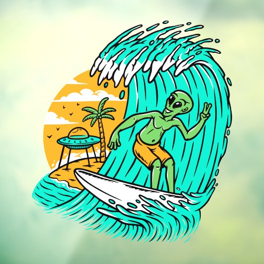 Alien Peace Sign Surfing UFO Parkplatz am Strand Fensteraufkleber (Blatt 3)