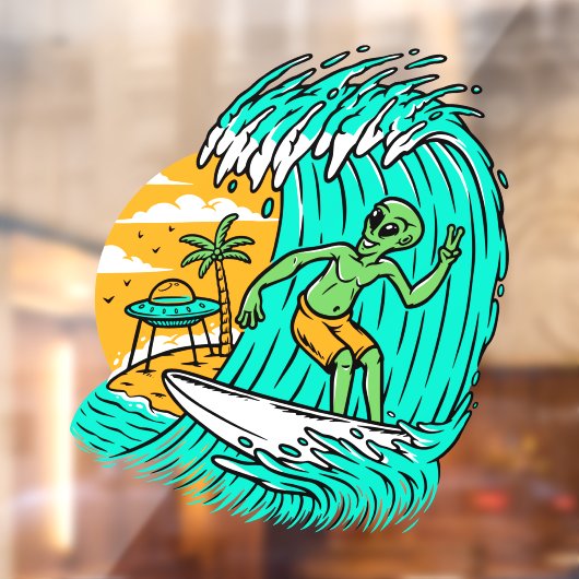 Alien Peace Sign Surfing UFO Parkplatz am Strand Fensteraufkleber (Blatt 2)