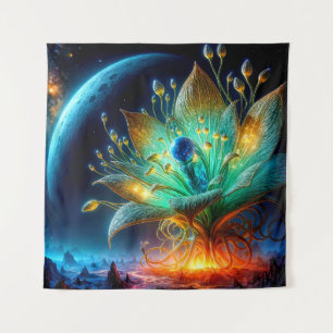 Alien Pflanze bläst eine Blume auf, die einen Plan Wandteppich