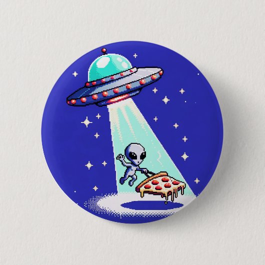 Alien Pizza Abduction - Funny Pixel Art UFO Design Button (Vorderseite)