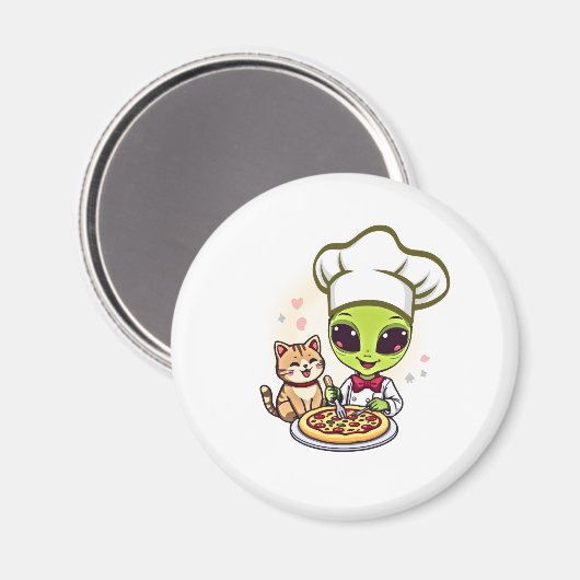 Alien-Pizza-Koch-Katzen-Cartoon-Art Magnet (Vorderseite/Rückseite)
