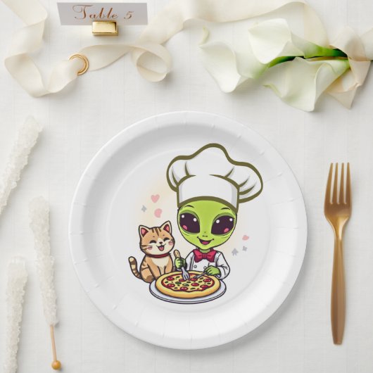 Alien-Pizza-Koch-Katzen-Cartoon-Kunst Pappteller (Hochzeit)