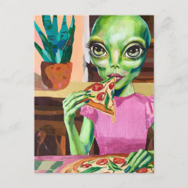 Alien Pizzaessen pink Postkarte