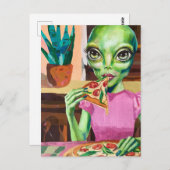 Alien Pizzaessen pink Postkarte (Vorne/Hinten)