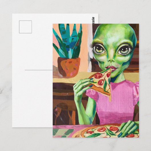 Alien Pizzaessen pink Postkarte (Vorne/Hinten)