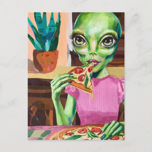 Alien Pizzaessen pink Postkarte (Vorderseite)
