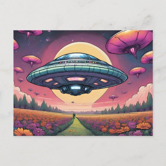 Alien Planet, die über das Feld der Blume fliegt Postkarte (Vorderseite)