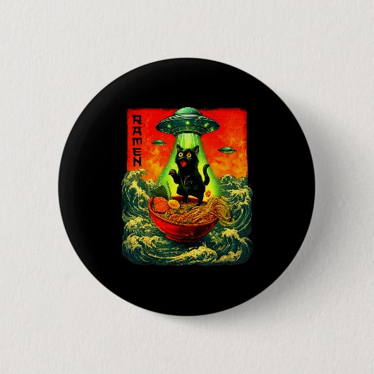 Alien Ramen Katze Ufo Japanische Retro Art Geschen Button (Vorderseite)