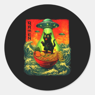 Alien Ramen Katze Ufo Japanische Retro Art Geschen Runder Aufkleber