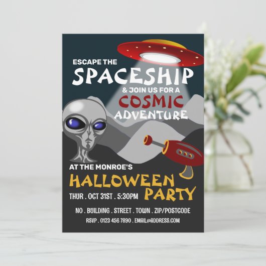Alien Raumschiff Thema, Escape Room, Halloween Einladung (Stehend Vorderseite)
