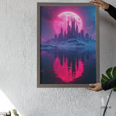 Alien Retro-Futuristische Stadt mit Neon-Pink-Mond Poster